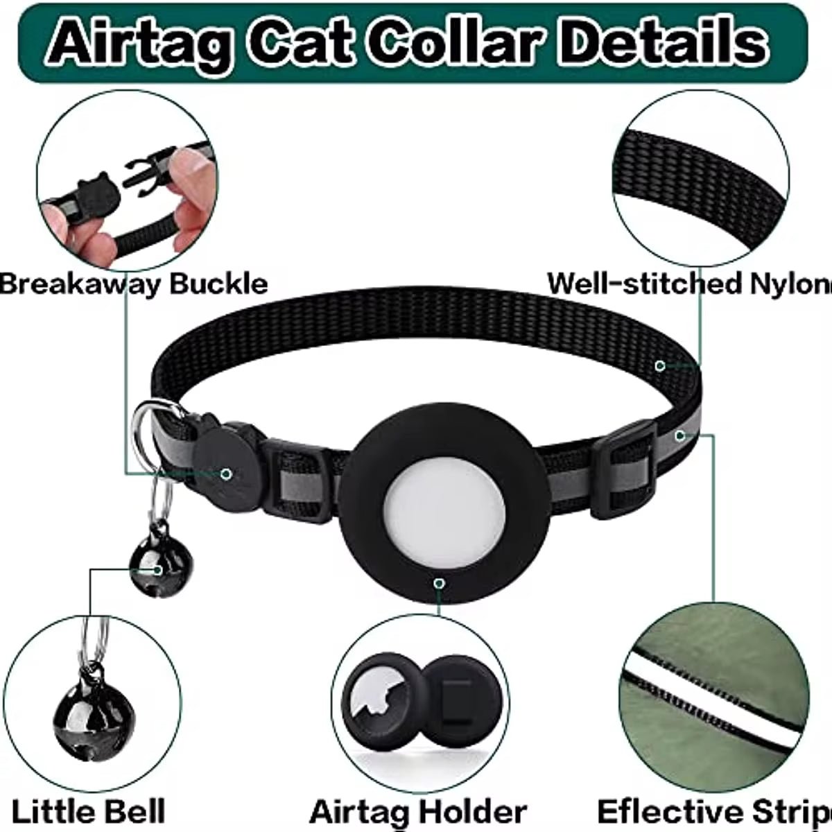 Airtag Cat Collar Breakaway, Reflective Kitten Collar with Apple Air Tag Holder and Bell for Girl Boy Cats, 0.4 Inches - My CTC Pet Store