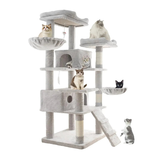 Deluxe Cat Tower with Modern Fabric: 63-inch Multi-Level Playhouse